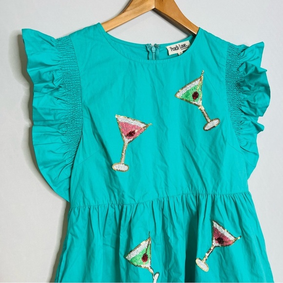 NWT! Peach Love SEQUINS MARTINI PATCH TURQUOISE COTTON MINI DRESS. Size Medium. - Picture 7 of 16